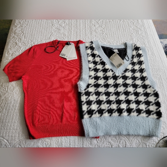 H&M Red Sweater and Black Houndstooth Vest Size XS - Picture 2 of 5